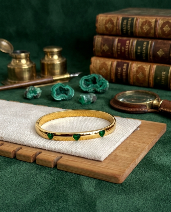 Emerald Heart Enchantment: Gold-Tone Hinged Bangle